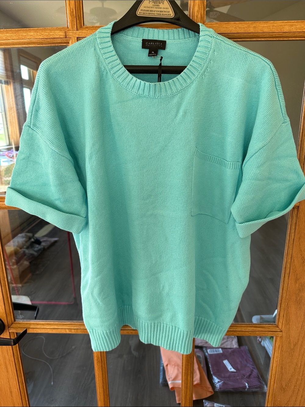 Carlisle Aqua Short-Sleeve Crewneck Sweater with Pocket